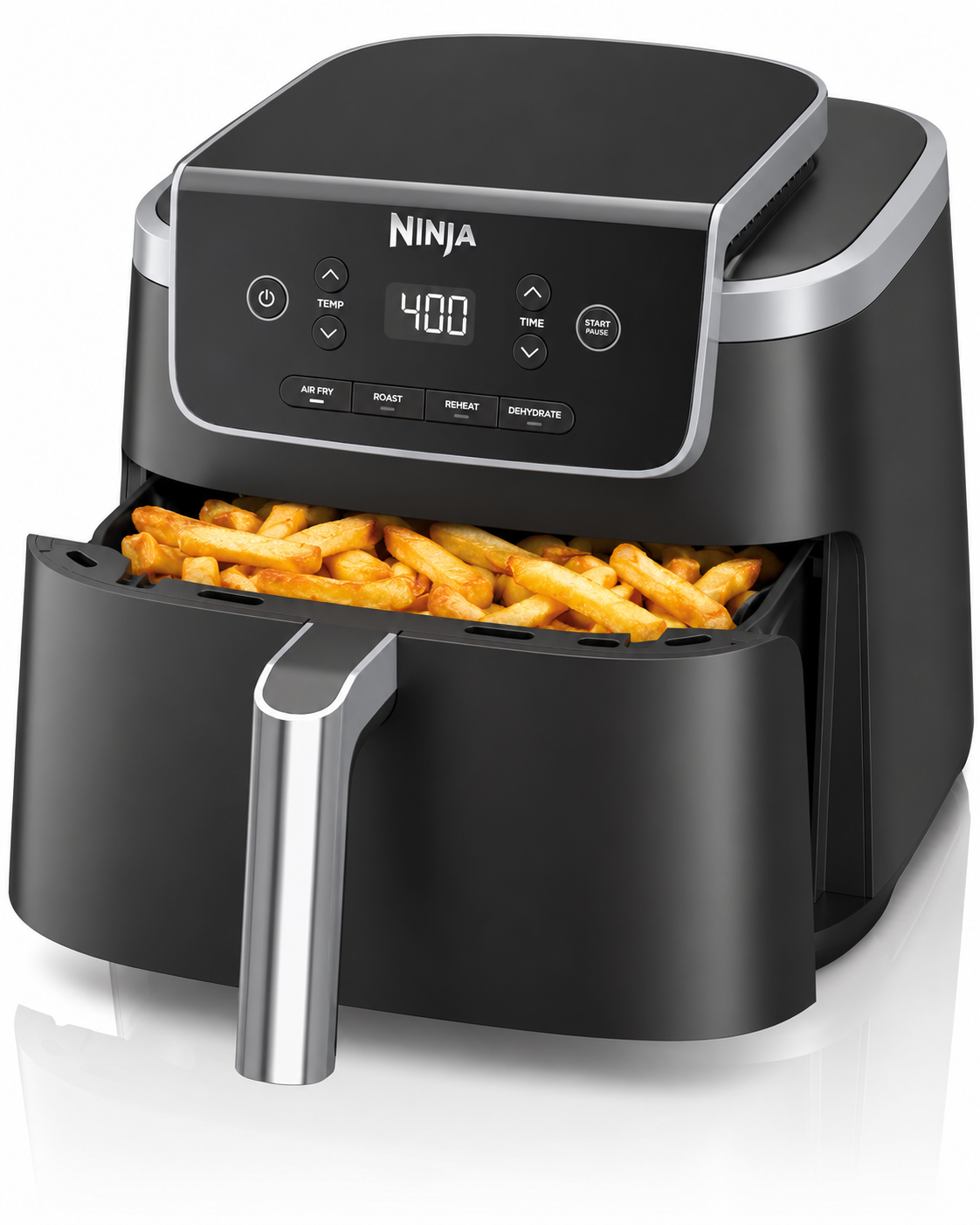 Air fryer with a basket full of crispy fries
